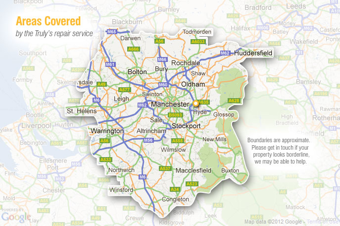 Map of areas covered by Trulys conservatory repairs from base in Ashton-under-Lyne, Greater Manchester, Lancashire