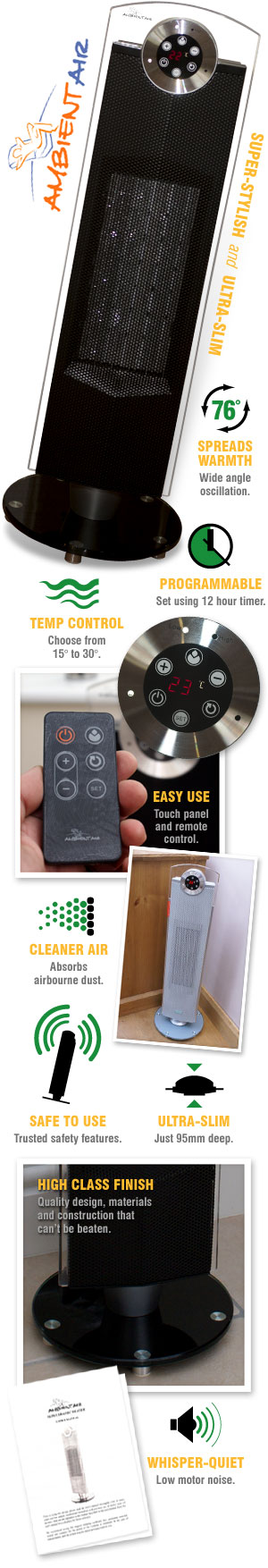 Slim Ceramic Electric Fan Heater Free-Standing Programmable Oscillating
