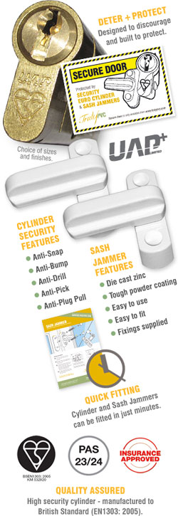 Secure Door Pack includes Yale Platinum Anti-Snap Euro Cylinder + 2 x Sash Jammers + Self-Cling Window Sticker